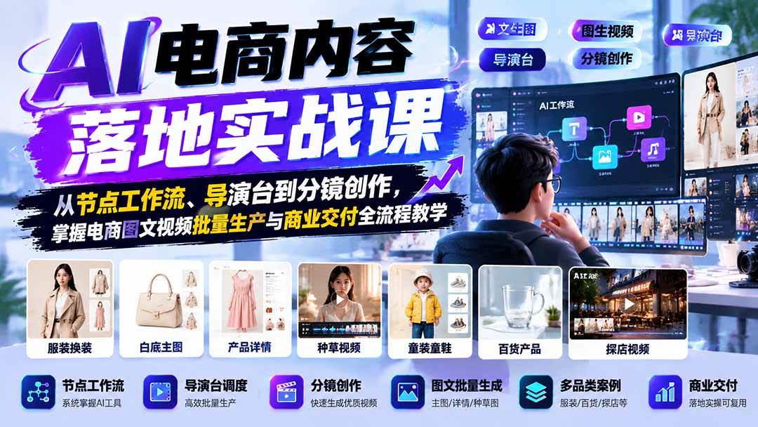 (21136期)AI电商内容落地实战课:从节点工作流、导演台到分镜创作,掌握电商图文视频批量生产与商业交付全流程教学-多课资源站