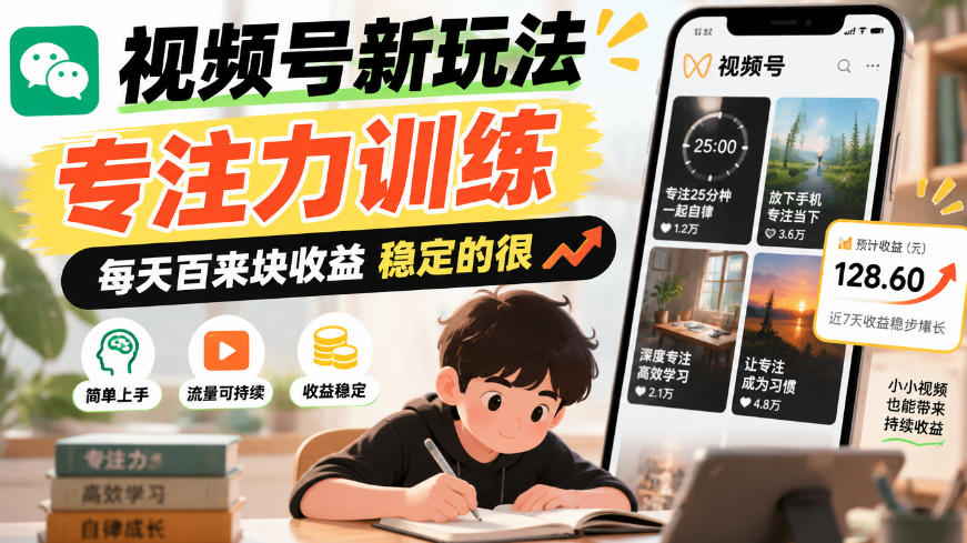 视频号新玩法专注力训练，每天百来块收益稳定的很-怪兽网创俱乐部