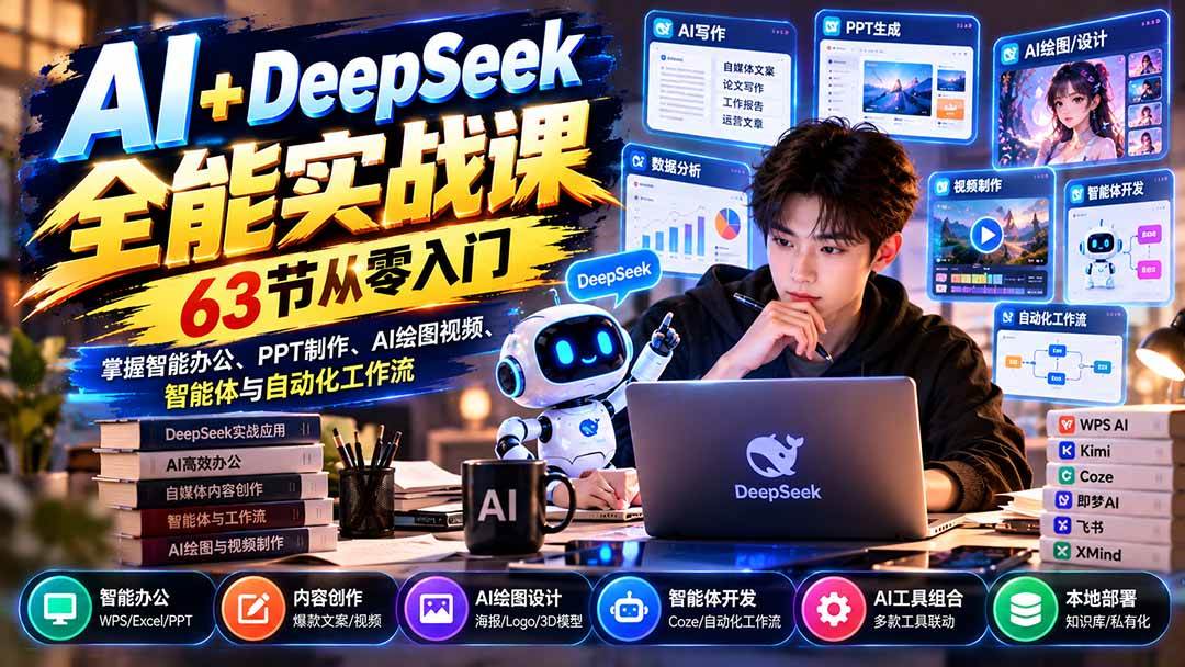（21141期）AI+DeepSeek全能实战课：63节从零入门，掌握智能办公、PPT制作、AI绘图视频、智能体与自动化工作流-多课资源站