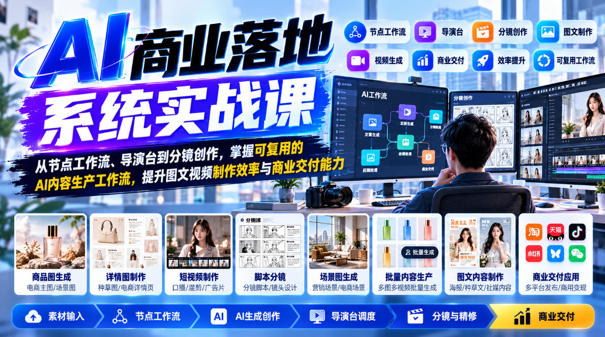 【无水印】AI商业落地系统实战课,从节点工作流、导演台到分镜创作,掌握可复用的AI内容生产工作流,提升图文视频制作效率与商业交付能力-多课资源站