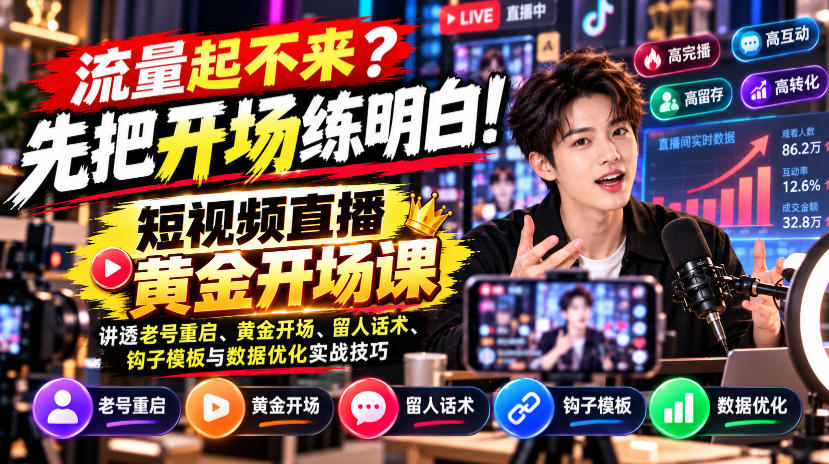 【无水印】流量起不来？先把开场练明白！短视频直播黄金开场课，讲透老号重启、黄金开场、留人话术、钩子模板与数据优化实战技巧-多课资源站