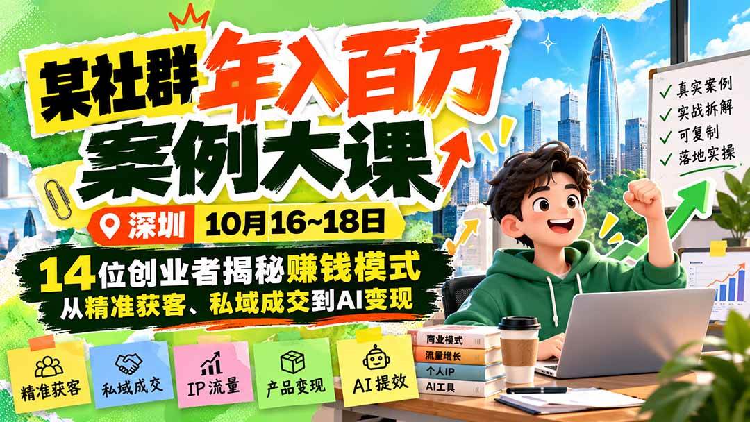 （21137期）某社群年入百万案例大课-深圳10月16~18日：14位创业者揭秘赚钱模式，从精准获客、私域成交到AI变现-多课资源站