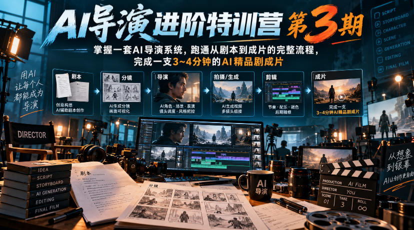 AI导演进阶特训营第3期,掌握一套AI导演系统,跑通从剧本到成片的完整流程,完成一支3~4分钟的AI精品剧成片(附1、2期)-多课资源站