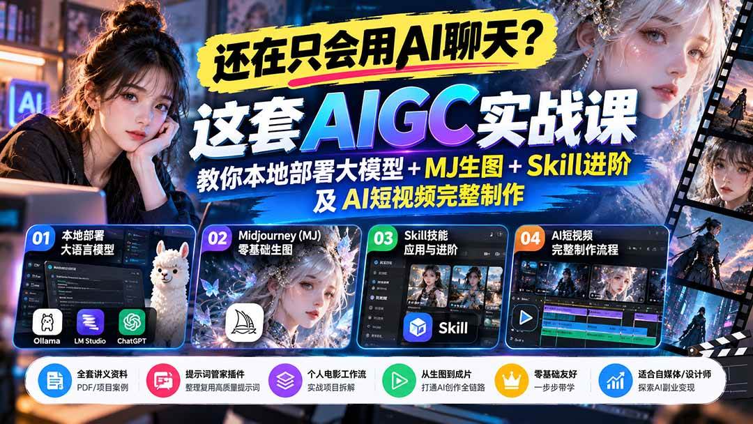 （21135期）【无水印】还在只会用AI聊天？这套AIGC实战课教你本地部署大模型+MJ生图+Skill进阶及AI短视频完整制作-多课资源站