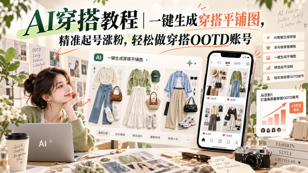 AI穿搭教程｜一键生成穿搭平铺图，精准起号涨粉，轻松做穿搭OOTD账号-多课资源站
