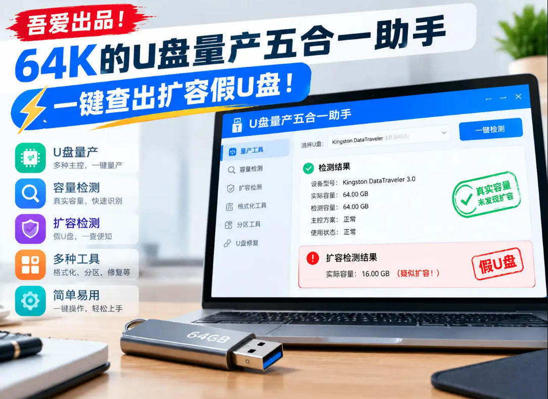 吾爱出品！64K的U盘量产五合一助手，一键查出扩容假U盘！-多课资源站