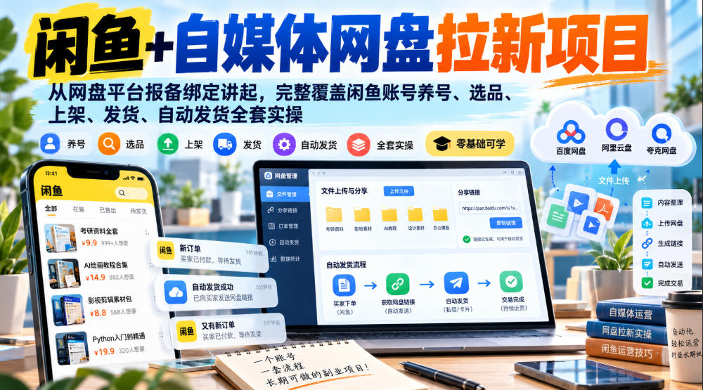 闲鱼+自媒体网盘拉新项目，从网盘平台报备绑定讲起，完整覆盖闲鱼账号养号、选品、上架、发货、自动发货全套实操-多课资源站