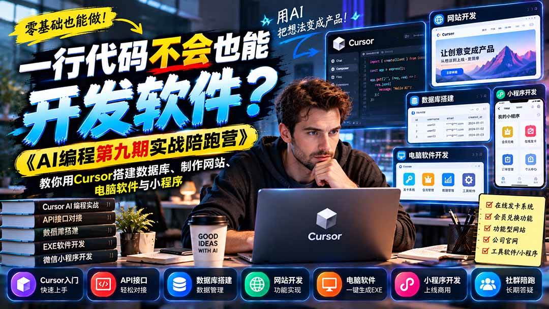 (21146期)一行代码不会也能开发软件?《AI编程第九期实战陪跑营》教你用Cursor搭建数据库、制作网站、电脑软件与小程序-多课资源站