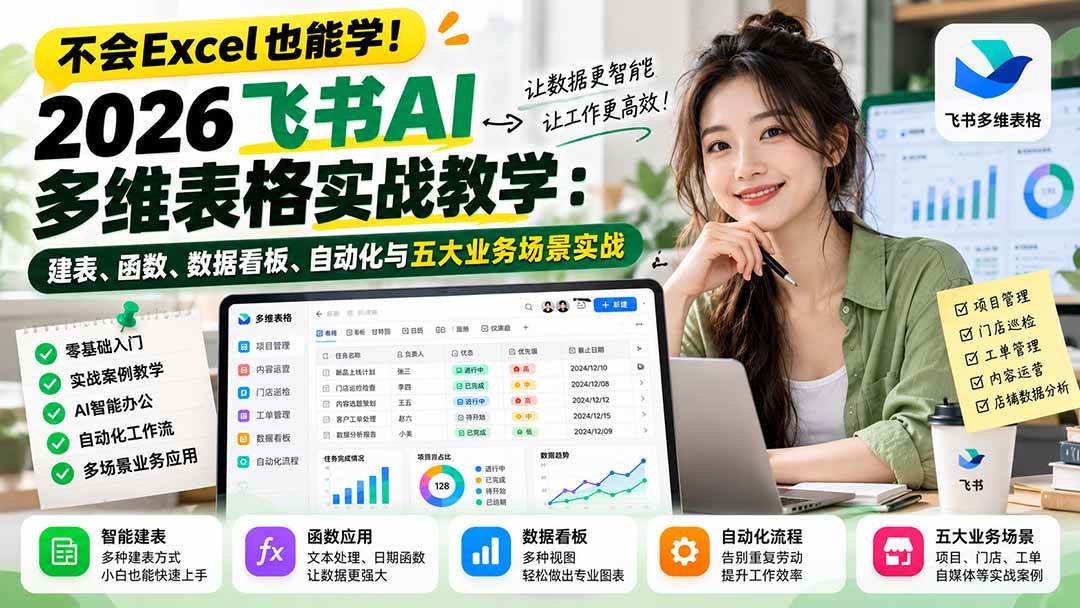 （21153期）不会Excel也能学！2026飞书AI多维表格实战教学：建表、函数、数据看板、自动化与五大业务场景实战-多课资源站