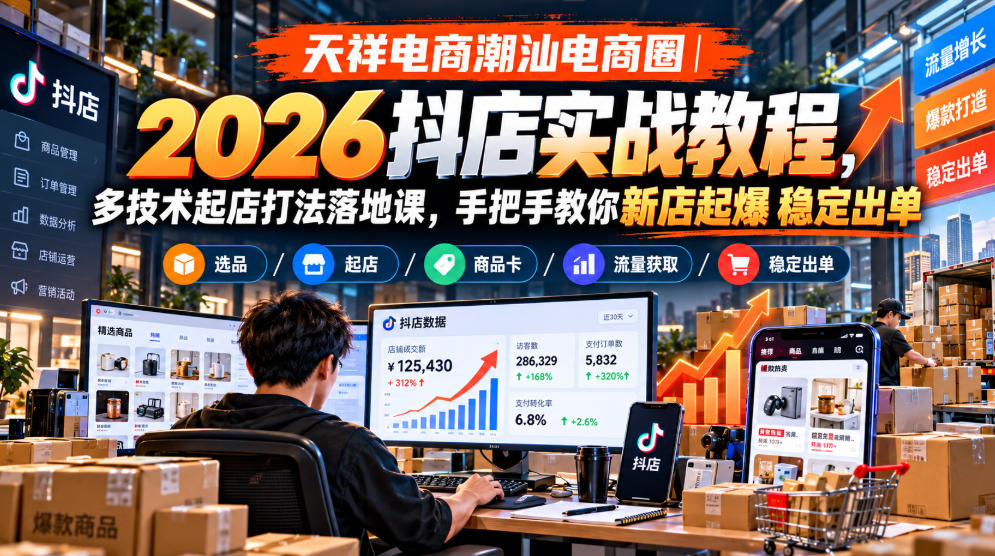 天祥电商潮汕电商圈｜2026抖店实战教程，多技术起店打法落地课，手把手教你新店起爆稳定出单-多课资源站