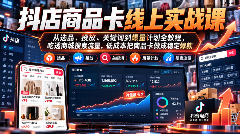 抖店商品卡线上实战课｜从选品、投放、关键词到爆量计划全教程，吃透商城搜索流量，低成本把商品卡做成稳定爆款-副业资源网