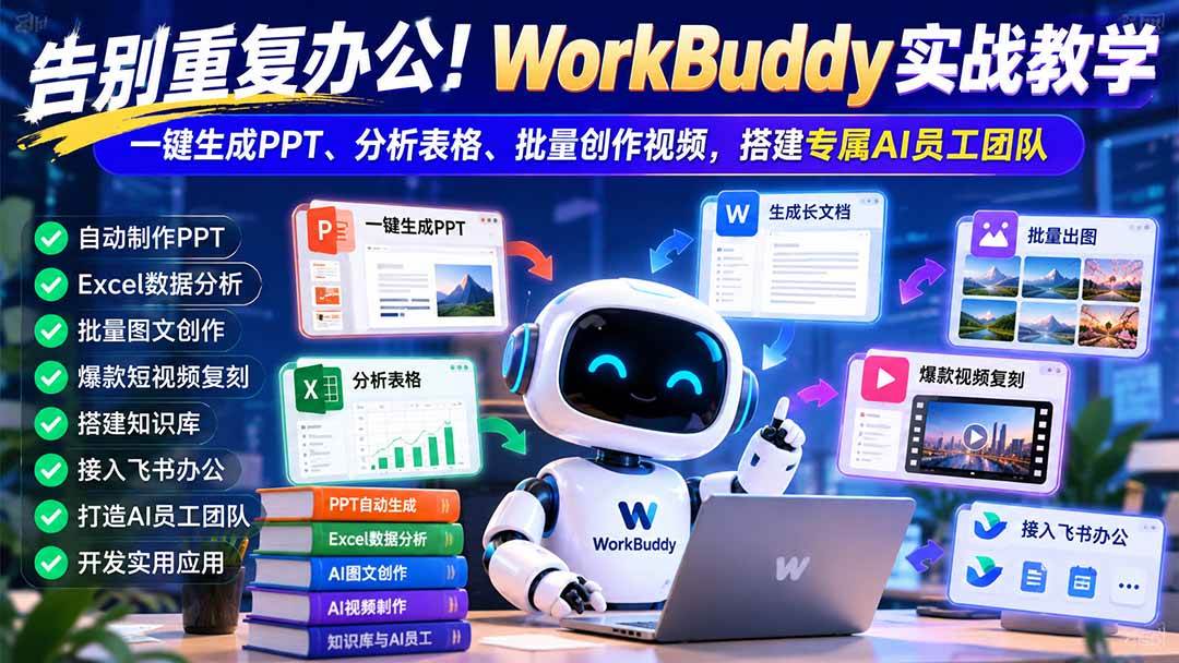 （21152期）告别重复办公！WorkBuddy实战教学：一键生成PPT、分析表格、批量创作视频，搭建专属AI员工团队-多课资源站