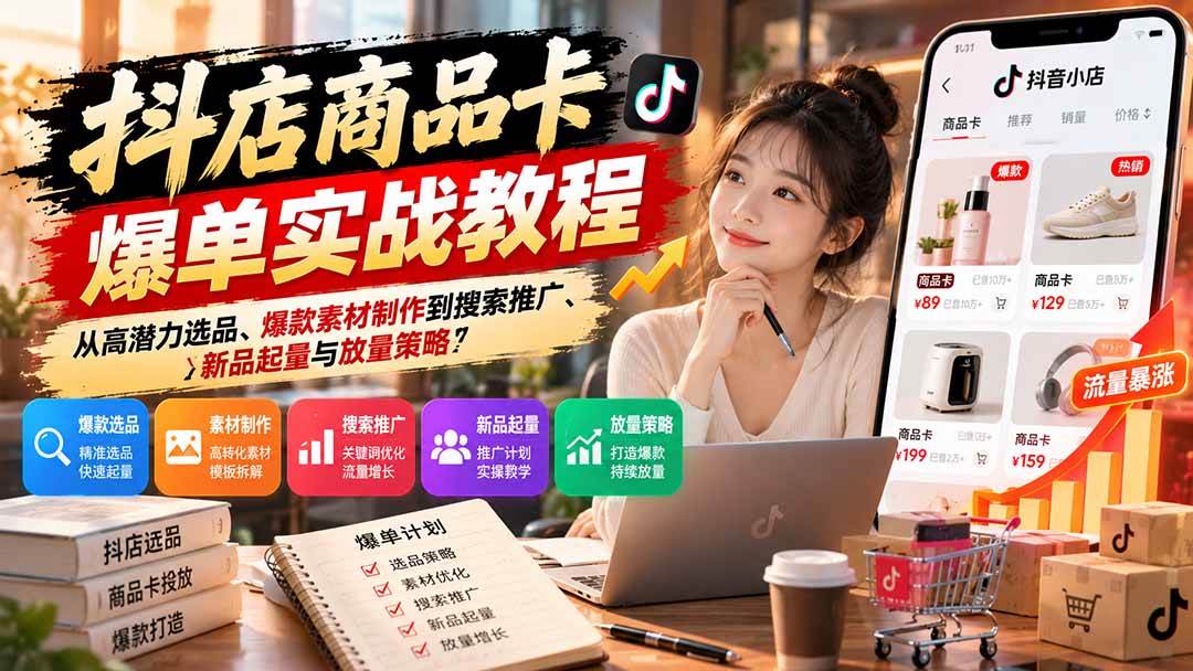（21148期）抖店商品卡爆单实战教程：从高潜力选品、爆款素材制作到搜索推广、新品起量与放量策略-多课资源站