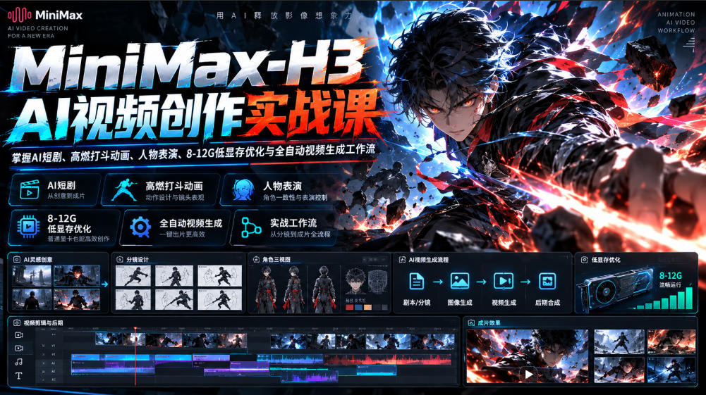 MiniMax-H3 AI视频创作实战课，掌握AI短剧、高燃打斗动画、人物表演、8-12G低显存优化与全自动视频生成工作流-多课资源站