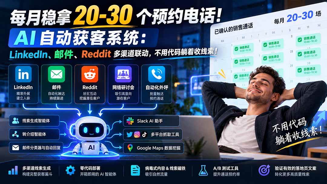 (21164期)每月稳拿 20-30 个预约电话!AI 自动获客系统:LinkedIn、邮件、Reddit 多渠道联动,不用代码躺着收线索! (21164期)每月稳拿 20-30 个预约电话!AI 自动获客系统:LinkedIn、邮件、Reddit 多渠道联动,不用代码躺着收线索!