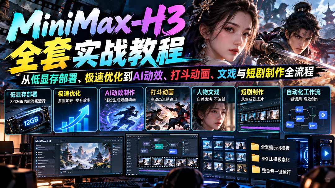 （21161期）MiniMax-H3全套实战教程：从低显存部署、极速优化到AI动效、打斗动画、文戏与短剧制作全流程-UUY