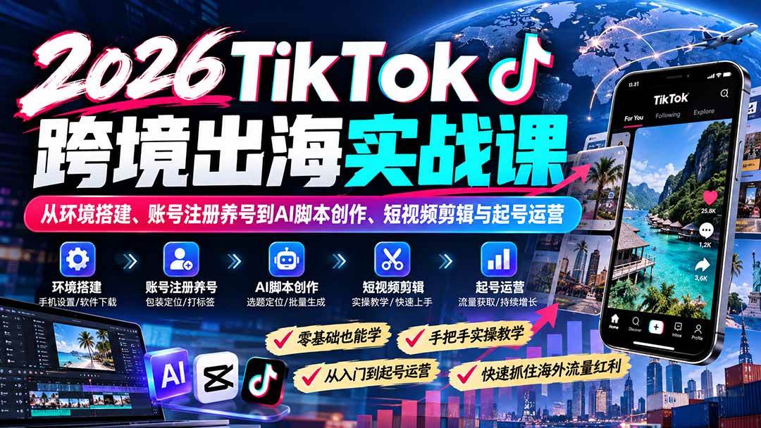 (21170期)2026TikTok跨境出海实战课:从环境搭建、账号注册养号到AI脚本创作、短视频剪辑与起号运营 (21170期)2026TikTok跨境出海实战课:从环境搭建、账号注册养号到AI脚本创作、短视频剪辑与起号运营