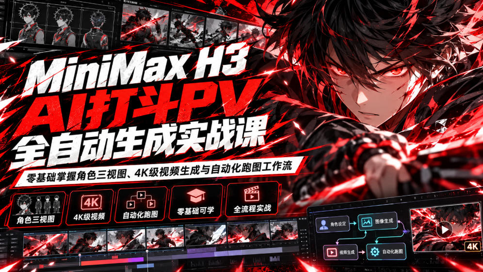 MiniMax H3 AI打斗PV全自动生成实战课：零基础掌握角色三视图、4K级视频生成与自动化跑图工作流-多课资源站