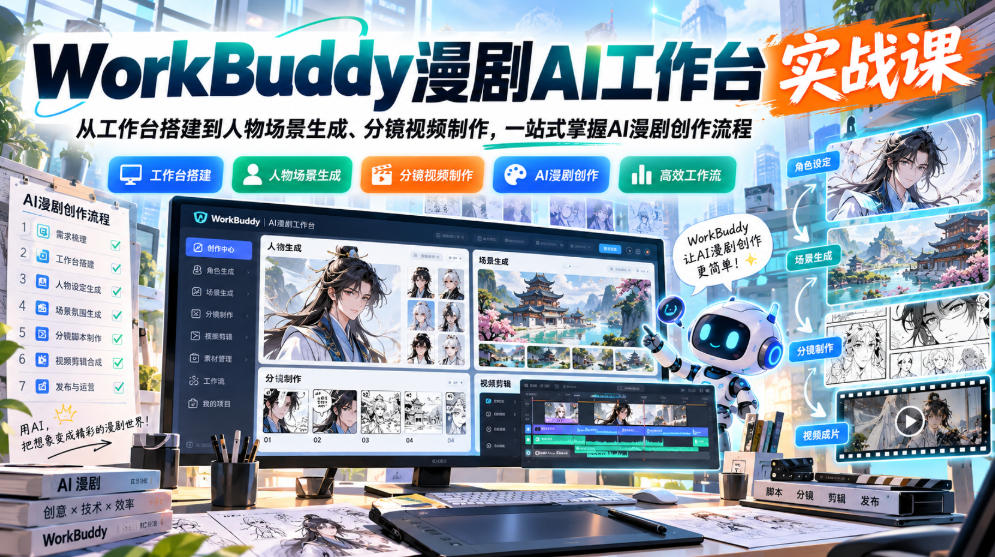 WorkBuddy漫剧AI工作台实战课：从工作台搭建到人物场景生成、分镜视频制作，一站式掌握AI漫剧创作流程-多课资源站