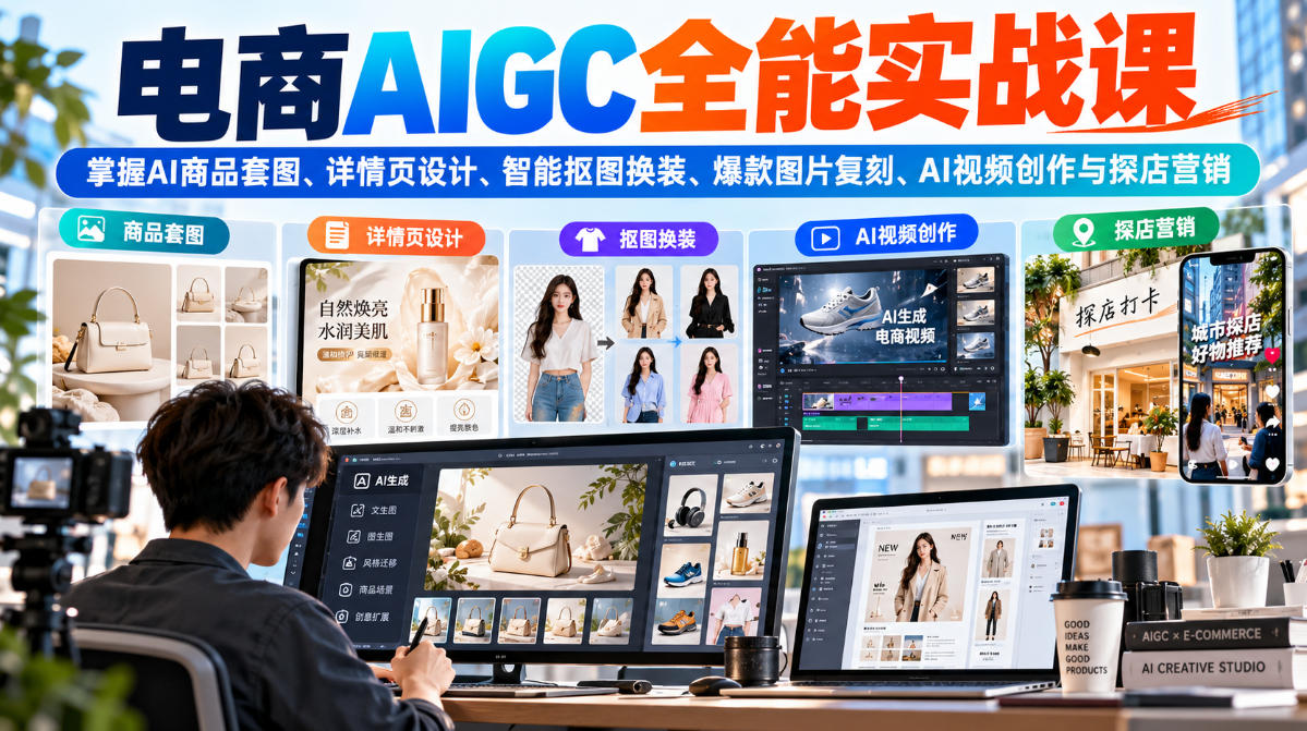电商AIGC全能实战课：掌握AI商品套图、详情页设计、智能抠图换装、爆款图片复刻、AI视频创作与探店营销-多课资源站