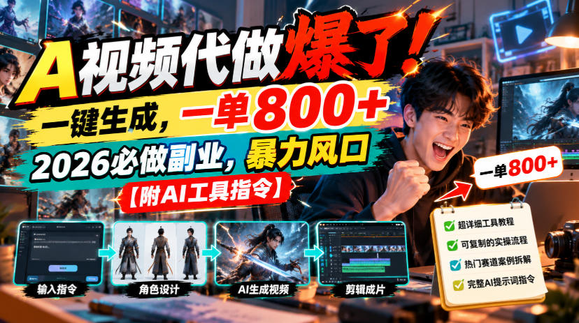 A视频代做爆了！一键生成，一单800+，2026必做副业，暴力风口【附AI工具指令】-怪兽网创俱乐部