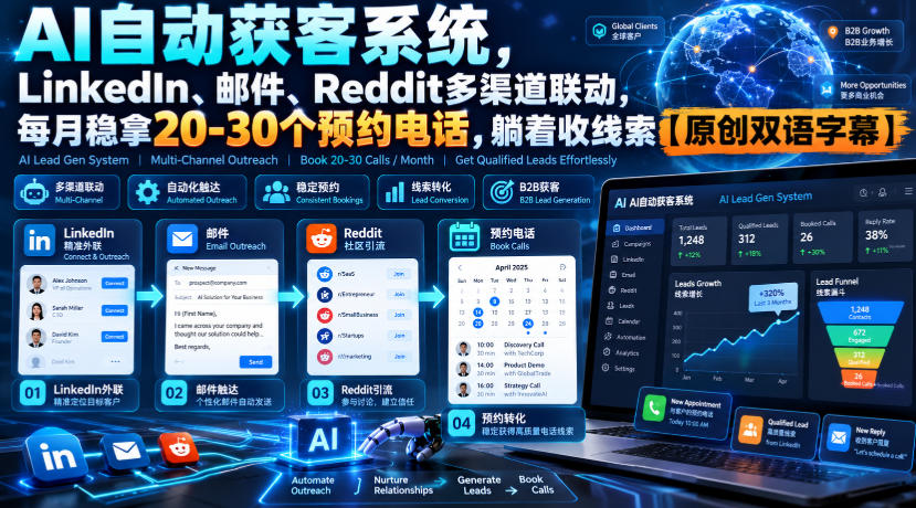 【无水印】AI自动获客系统，LinkedIn、邮件、Reddit多渠道联动，每月稳拿20-30个预约电话，躺着收线索【原创双语字幕】-多课资源站