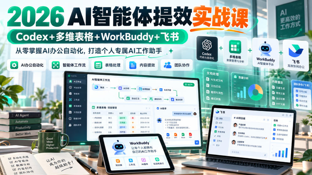 2026 AI智能体提效实战课：Codex+多维表格+WorkBuddy+飞书，从零掌握AI办公自动化，打造个人专属AI工作助手-UUY