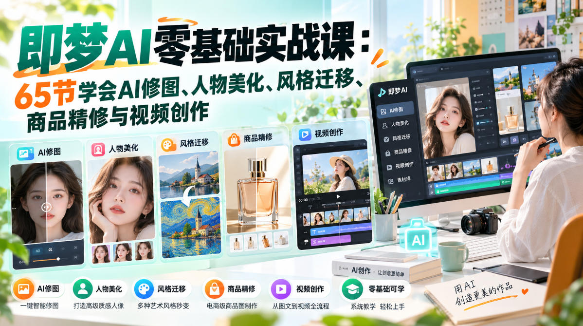 即梦AI零基础实战课：65节学会AI修图、人物美化、风格迁移、商品精修与视频创作-多课资源站