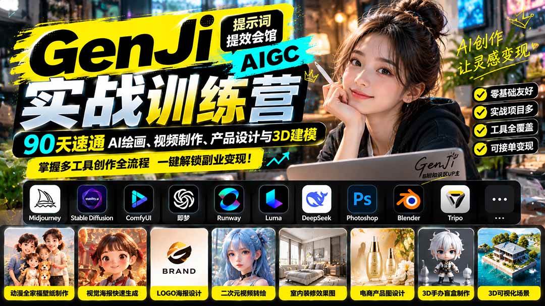 （21192期）GenJi AIGC实战训练营：90天速通AI绘画、视频制作、产品设计与3D建模，掌握多工具创作全流程