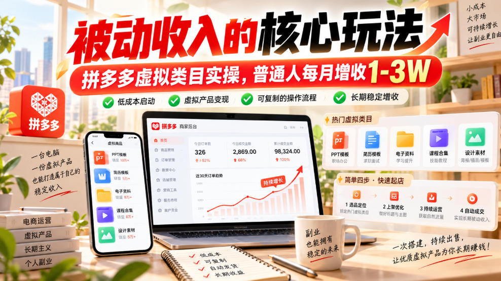 被动收入的核心玩法，拼多多虚拟类目实操，普通人每月增收1-3W【揭秘】-多课资源站