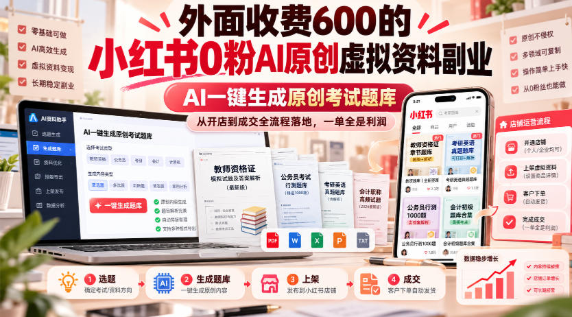 外面收费600的小红书0粉AI原创虚拟资料副业，AI一键生成原创考试题库，从开店到成交全流程落地，一单全是利润-怪兽网创俱乐部
