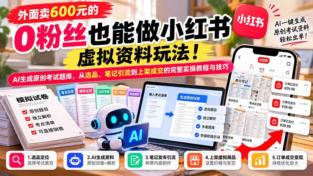 （21181期）外面卖600元的 零粉丝也能做小红书虚拟资料玩法！AI生成原创考试题库，从选品、笔记引流到上架成交的完整实操教程