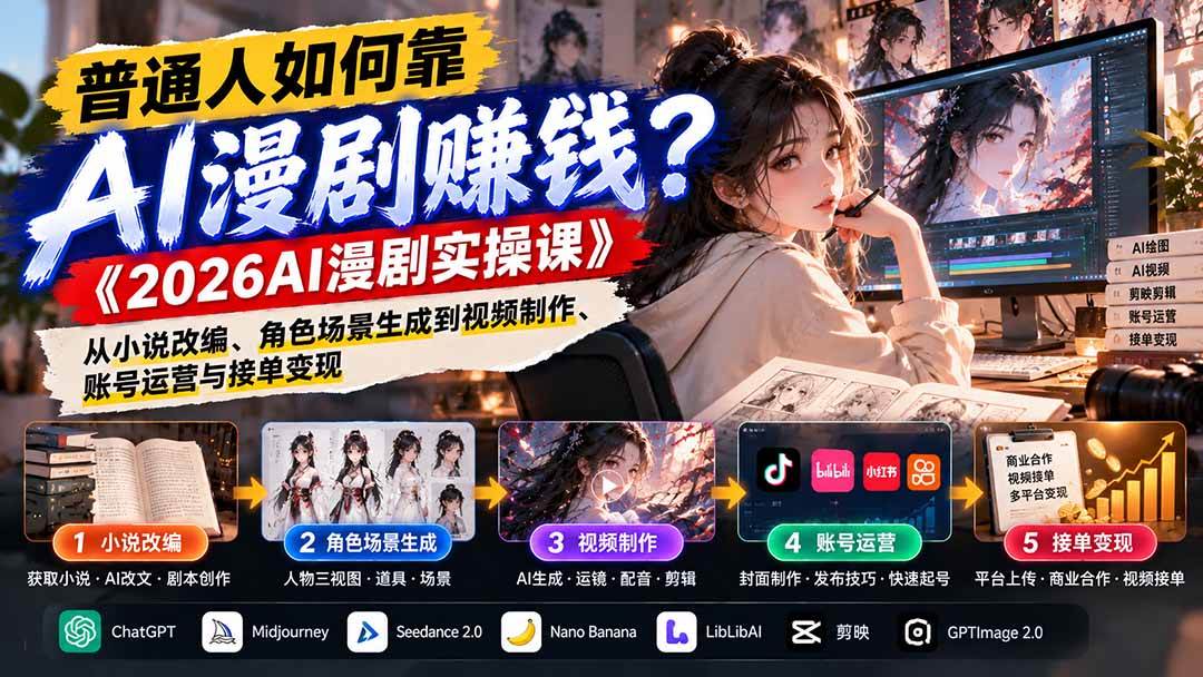 (21173期)普通人如何靠AI漫剧赚钱?《2026AI漫剧实操课》从小说改编、角色场景生成到视频制作、账号运营与接单变现 (21173期)普通人如何靠AI漫剧赚钱?《2026AI漫剧实操课》从小说改编、角色场景生成到视频制作、账号运营与接单变现