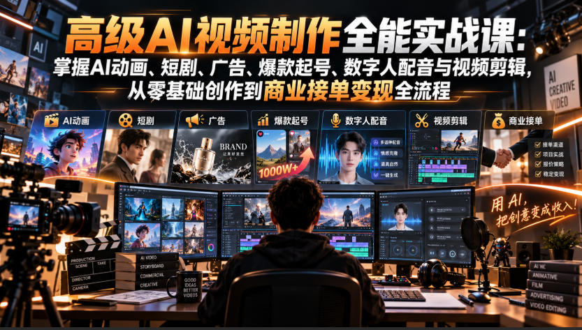 高级AI视频制作全能实战课：掌握AI动画、短剧、广告、爆款起号、数字人配音与视频剪辑，从零基础创作到商业接单变现全流程-怪兽网创俱乐部