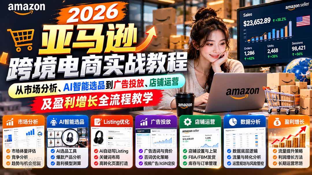 （21189期）2026亚马逊跨境电商实战教程-更新1027，从市场分析、AI智能选品到广告投放、店铺运营及盈利增长全流程教学-多课资源站
