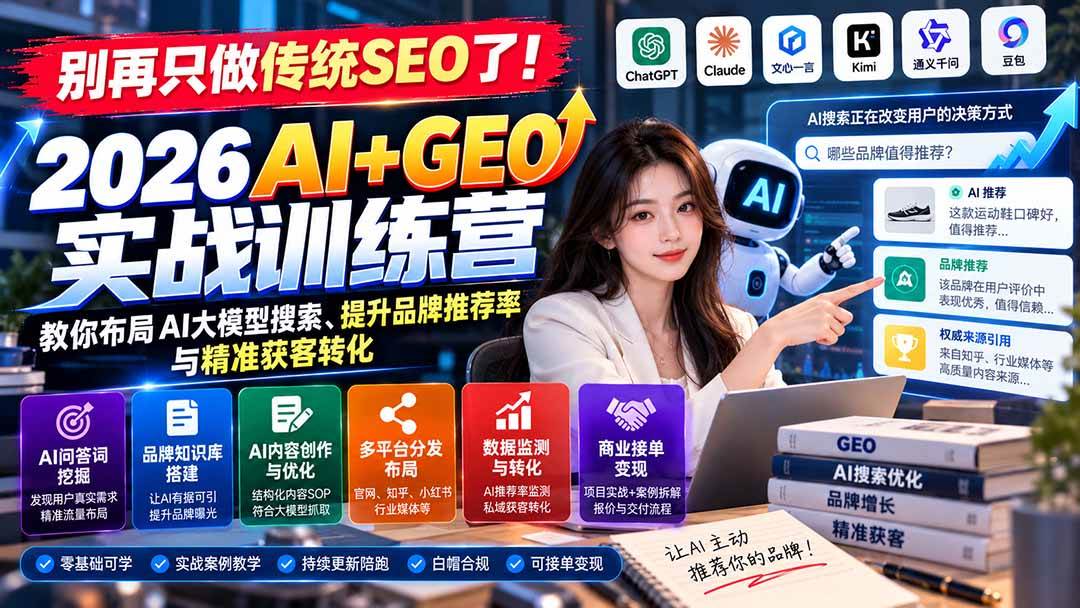 （21191期）别再只做传统SEO了！《2026AI+GEO实战训练营》教你布局AI大模型搜索、提升品牌推荐率与精准获客转化-多课资源站