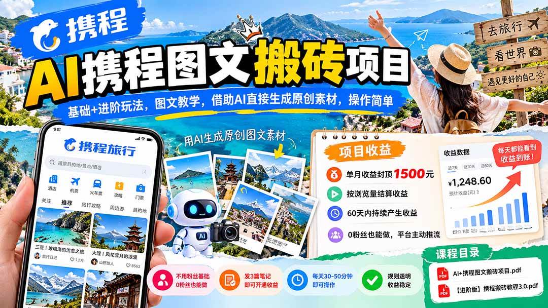 (21180期)AI携程图文搬砖项目,基础+进阶玩法,图文教学,借助AI直接生成原创素材,操作简单-多课资源站