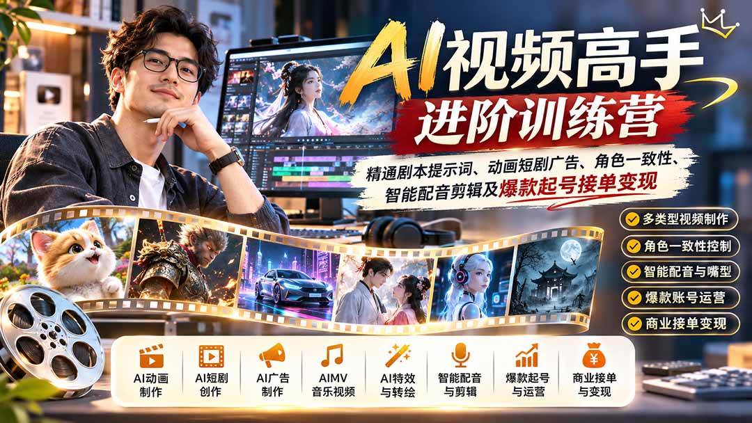 (21174期)AI视频高手进阶训练营:精通剧本提示词、动画短剧广告、角色一致性、智能配音剪辑及爆款起号接单变现 (21174期)AI视频高手进阶训练营:精通剧本提示词、动画短剧广告、角色一致性、智能配音剪辑及爆款起号接单变现