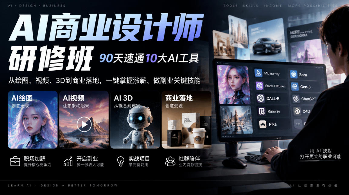 AI商业设计师研修班，90天速通10大AI工具，从绘图、视频、3D到商业落地，一键掌握涨薪、做副业关键技能-多课资源站