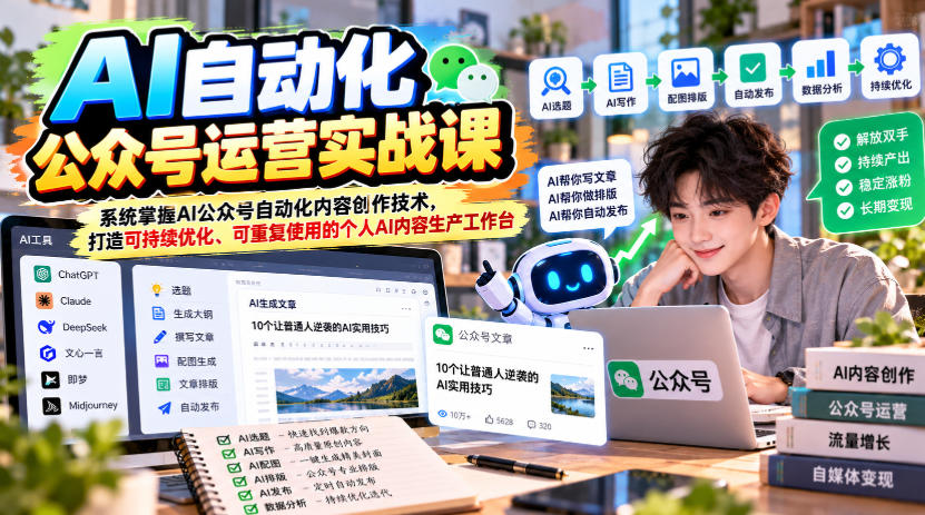 AI自动化公众号运营实战课，系统掌握AI公众号自动化内容创作技术，打造可持续优化、可重复使用的个人AI内容生产工作台-怪兽网创俱乐部