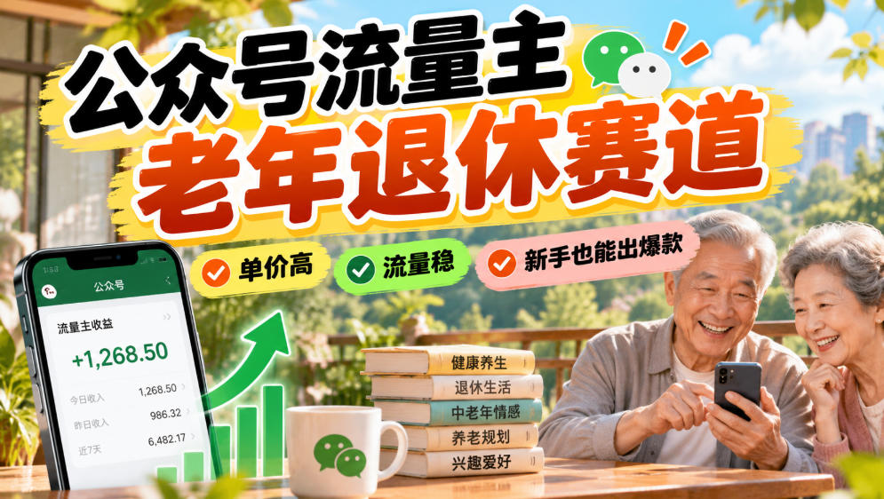 公众号流量主老年退休赛道，单价高，流量稳，新手也能出爆款-怪兽网创俱乐部