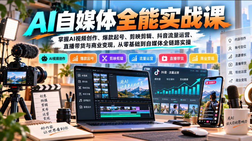 【无水印】AI自媒体全能实战课，掌握AI视频创作、爆款起号、剪映剪辑、抖音流量运营、直播带货与商业变现，从零基础到自媒体全链路实操-怪兽网创俱乐部