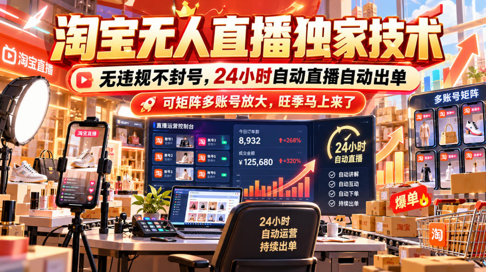 淘宝无人直播独家技术，无违规不封号，24小时自动直播自动出单，可矩阵多账号放大，旺季马上来了【揭秘】-怪兽网创俱乐部