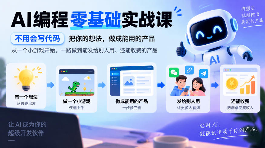 AI编程零基础实战课，不用会写代码，把你的想法，做成能用的产品，从一个小游戏开始，一路做到能发给别人用、还能收费的产品-怪兽网创俱乐部