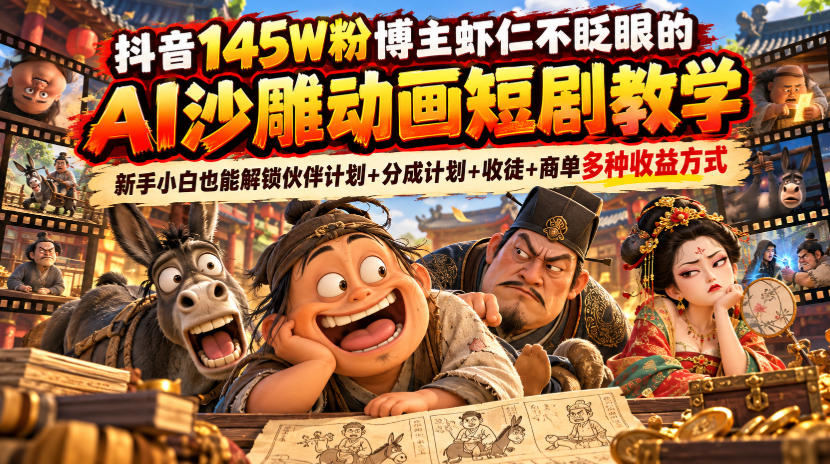 抖音145W粉博主虾仁不眨眼的AI沙雕动画短剧教学，新手小白也能解锁伙伴计划+分成计划+收徒+商单多种收益方式-怪兽网创俱乐部