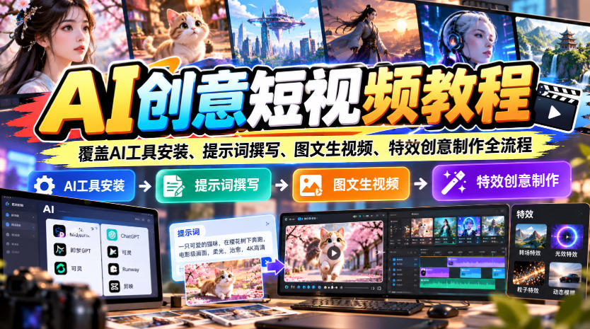 AI创意短视频教程，覆盖AI工具安装、提示词撰写、图文生视频、特效创意制作全流程-怪兽网创俱乐部
