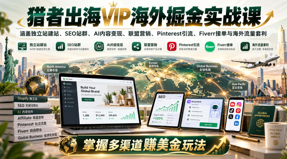 猎者出海VIP海外掘金实战课：涵盖独立站、SEO站群、AI变现、联盟营销、Pinterest引流、Fiverr接单与海外流量套利，掌握多渠道賺美金玩法-怪兽网创俱乐部