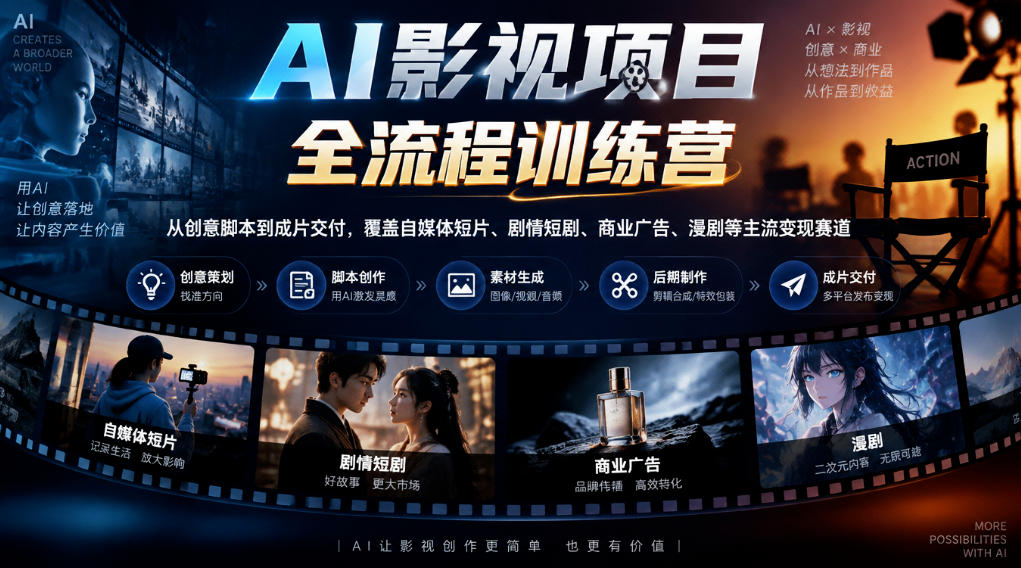 AI影视项目全流程训练营,从创意脚本到成片交付,覆盖自媒体短片、剧情短剧、商业广告、漫剧等主流变现赛道 AI影视项目全流程训练营,从创意脚本到成片交付,覆盖自媒体短片、剧情短剧、商业广告、漫剧等主流变现赛道