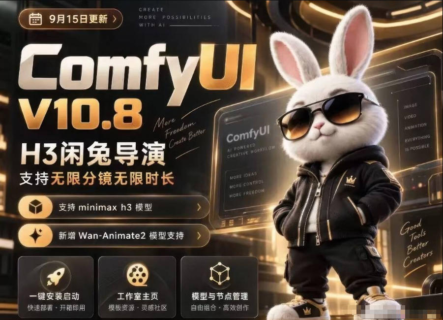ComfyUI V10.8中文整合包，H3闲兔导演，支持无限分镜无限时长，1000+工作流，动作迁移，角色替换，视频一致性，口型同步，低显存可用-怪兽网创俱乐部
