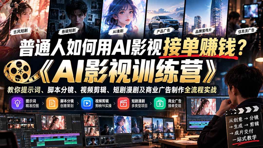 （21230期）普通人如何用AI影视接单赚钱？《AI影视训练营》教你提示词、脚本分镜、视频剪辑、短剧漫剧及商业广告制作全流程实战-多课资源站